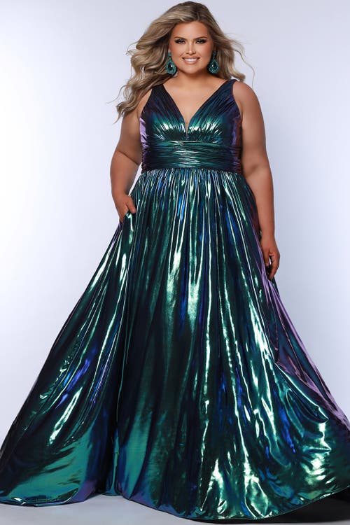 Sydney's Closet Bra-friendly V-neckline Plus Size A-line Formal Gown In Peacock