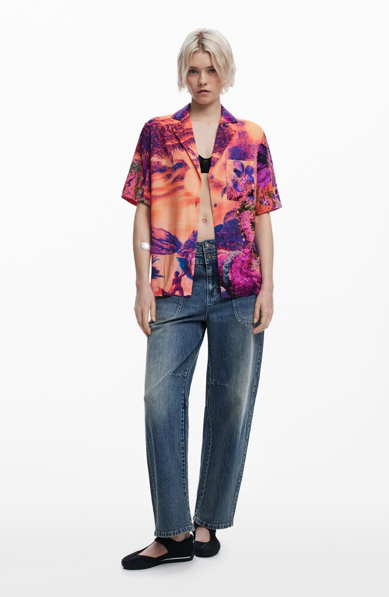 Desigual Tropical Print Camp Shirt, Alternate, color, Dark Pink