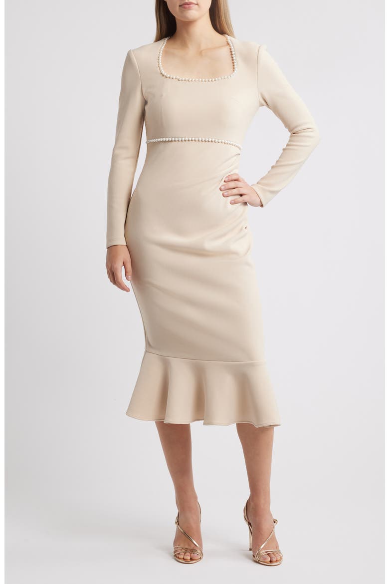 Faux Pearl Ruched Flare Hem Dress, Main, color, IVORY