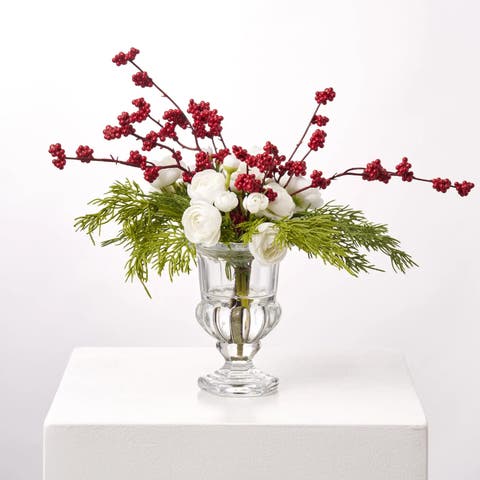 White Ranunculus Blooms & Red Snowberry with Cedar Arrangment