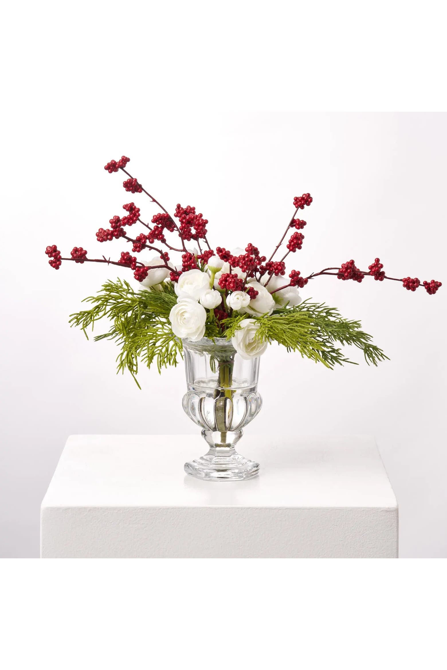 White Ranuclus Darby Creek Trading White Ranunculus Blooms & Red Snowberry with Cedar ...