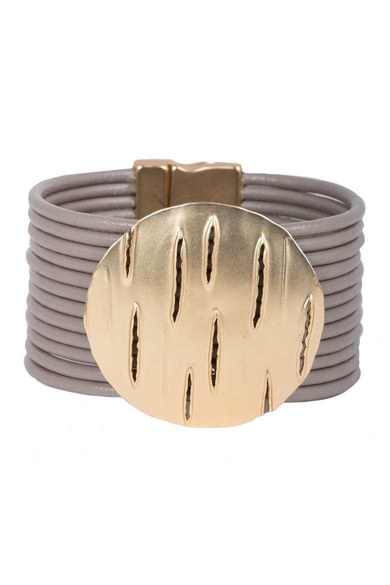 Slashed Medallion Layered Leather Wrap Bracelet, Main, color, TAUPE