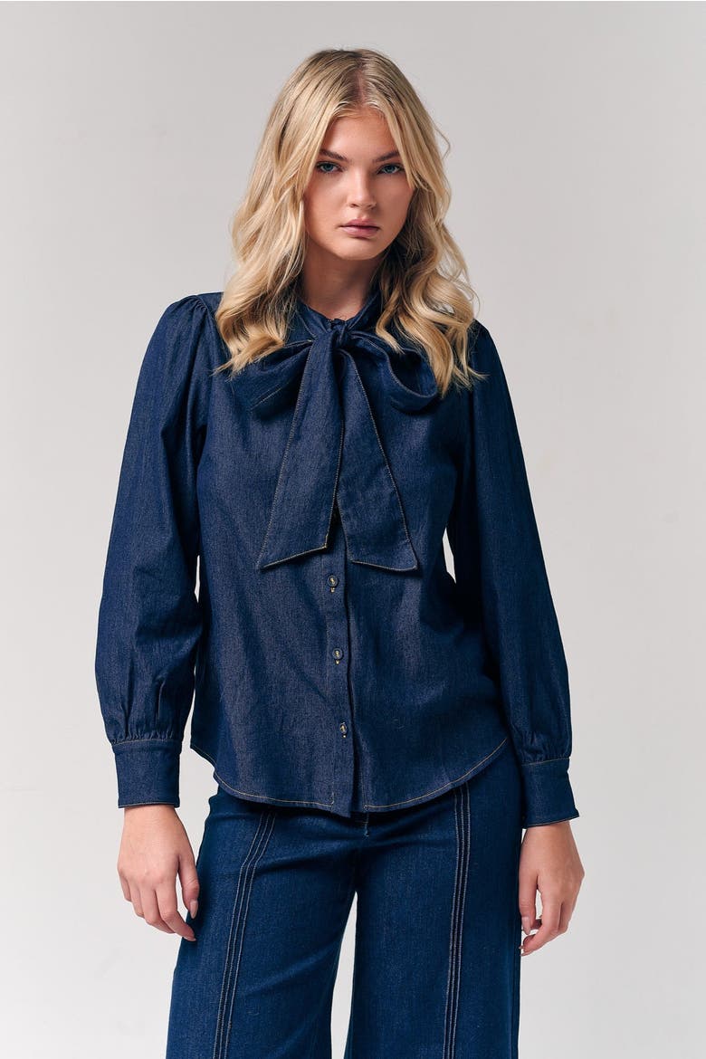 Bow Accent Denim Shirt, Alternate, color, Dark Blue