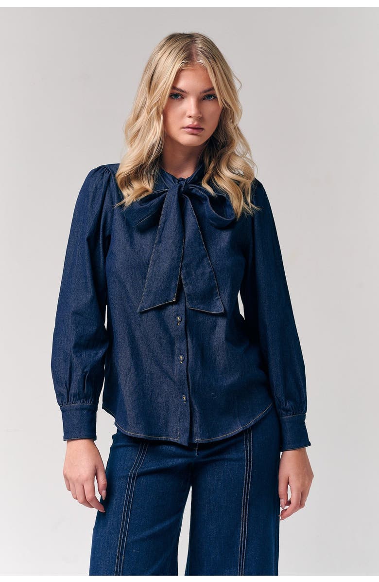 Le Fafo Bow Accent Denim Shirt, Alternate, color, Dark Blue