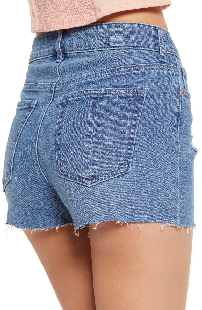 Prosperity Denim Distressed Fray Hem High Waist Denim Shorts, Alternate, color, 