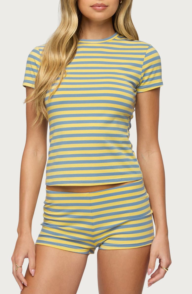 EDIKTED Isara Stripe Crop T-Shirt, Main, color, Blue-And-Yellow