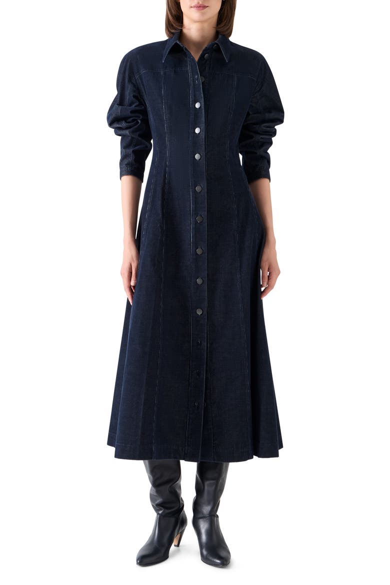 Long Sleeve Corduroy Fit & Flare Shirtdress, Main, color, NAVY