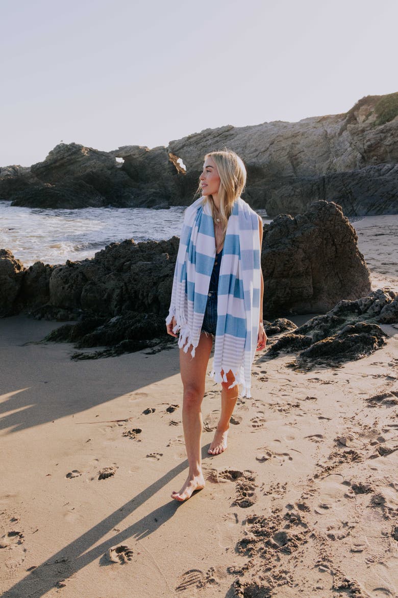 Marine Striped Organic Turkish Towel with Soft Terry Cloth Lining, Alternate, color, Turquoise and Grey