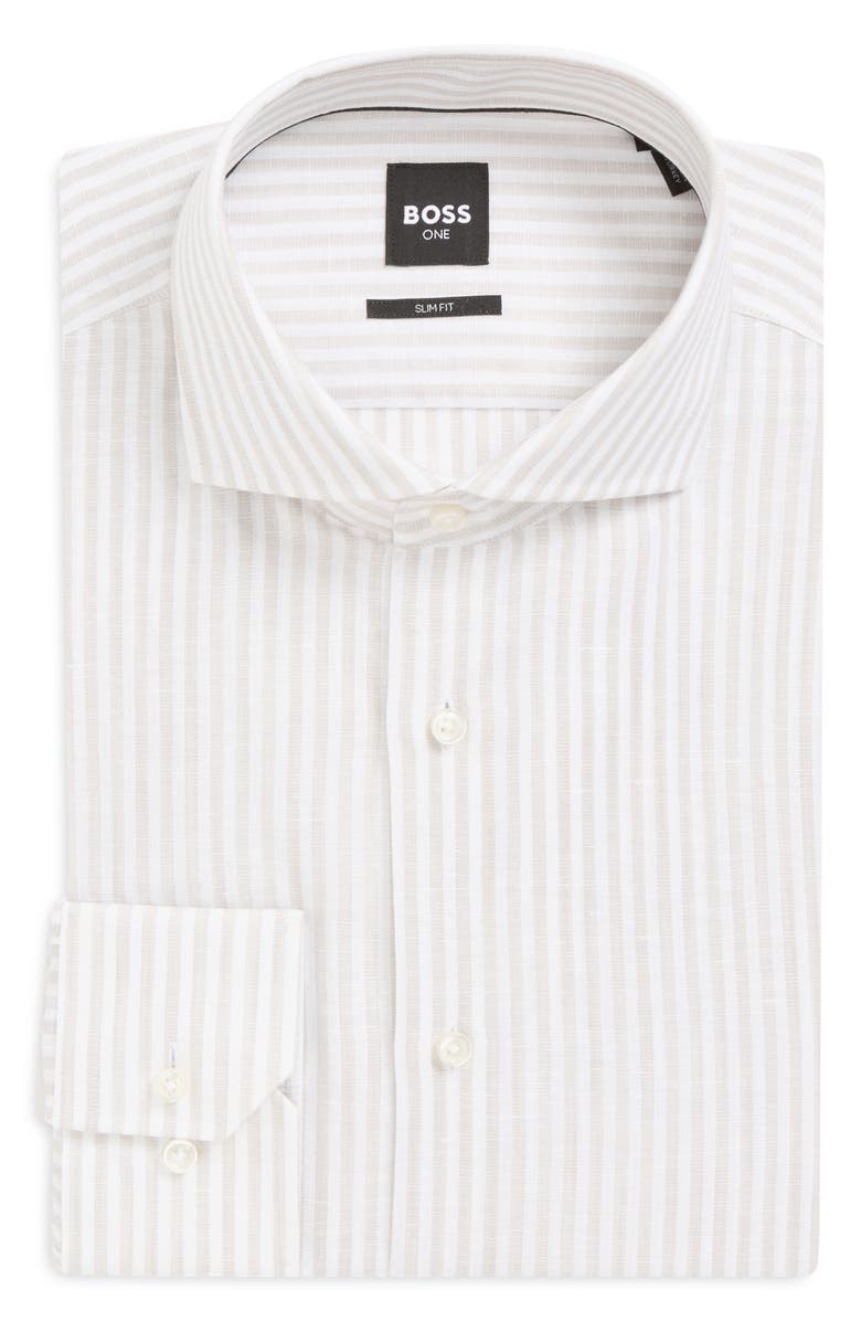 BOSS Hank Slim Fit Plaid Linen & Cotton Shirt, Main, color, Open Beige