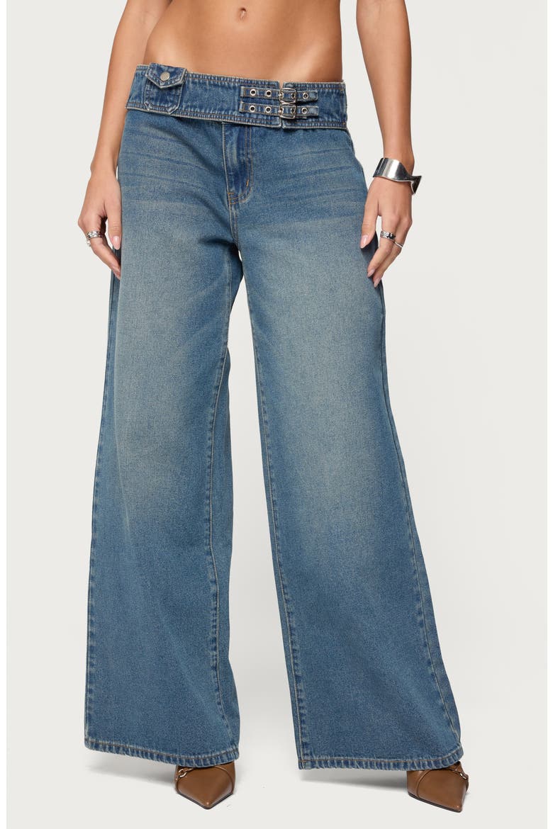 Double Buckle Low Rise Wide Leg Jeans, Main, color, BLUE