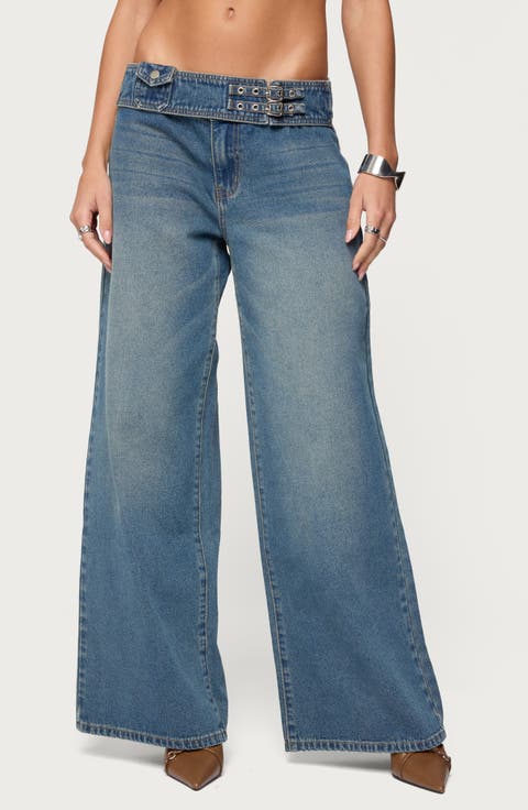 Double Buckle Low Rise Wide Leg Jeans