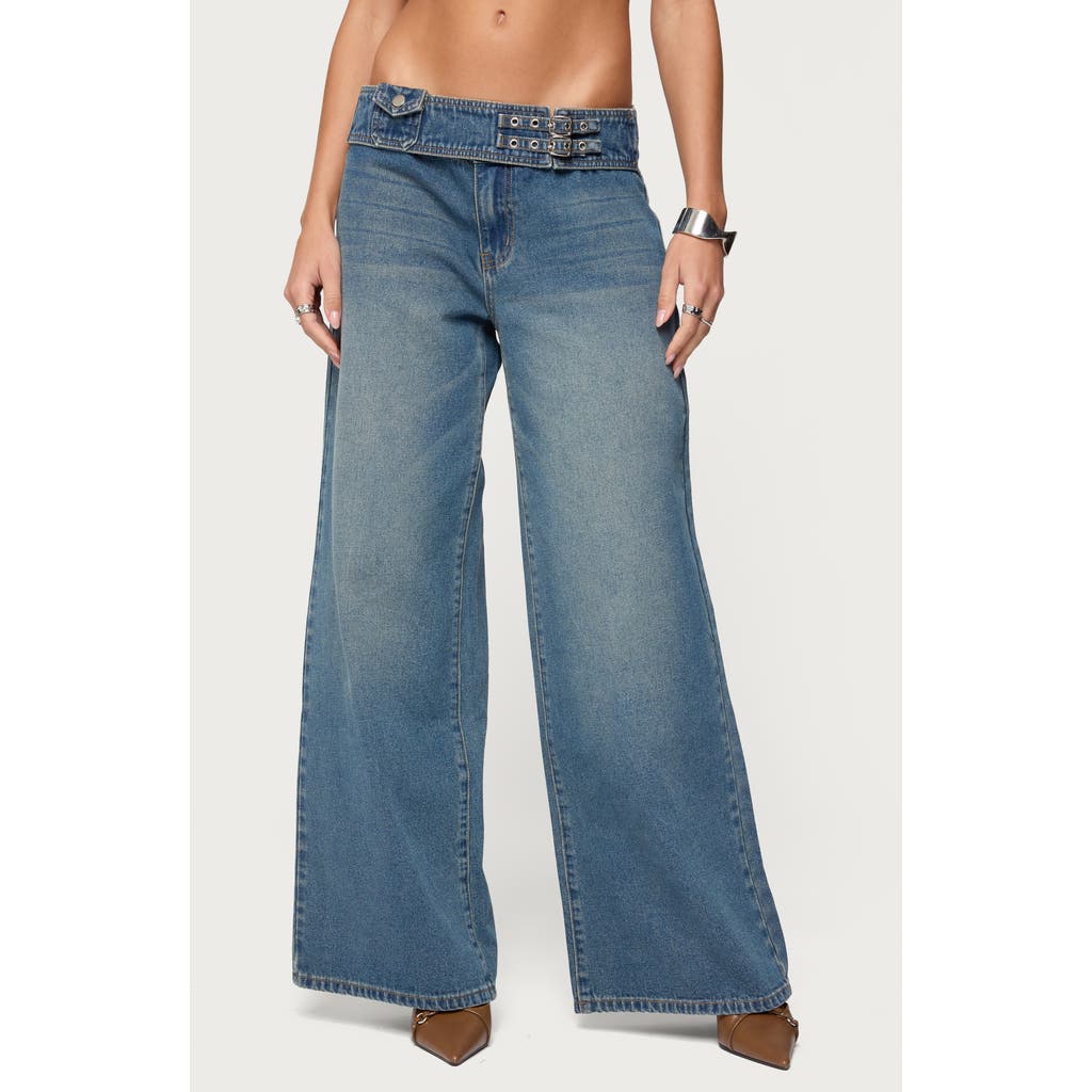 Edikted Double Buckle Low Rise Wide Leg Jeans In Blue