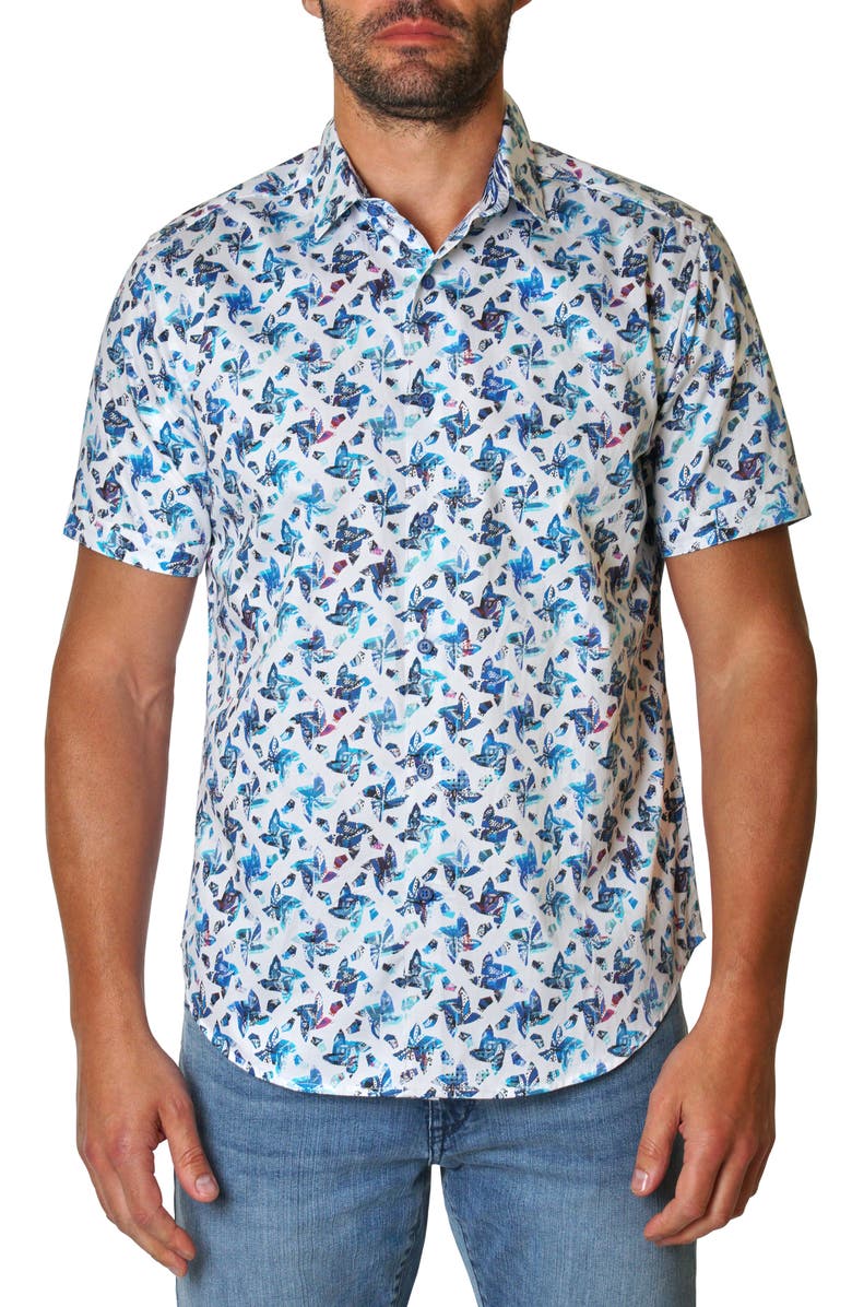 Robert Graham Lucero Pinwheel Short Sleeve Woven Button-Up Shirt, Main, color, Blue Multi