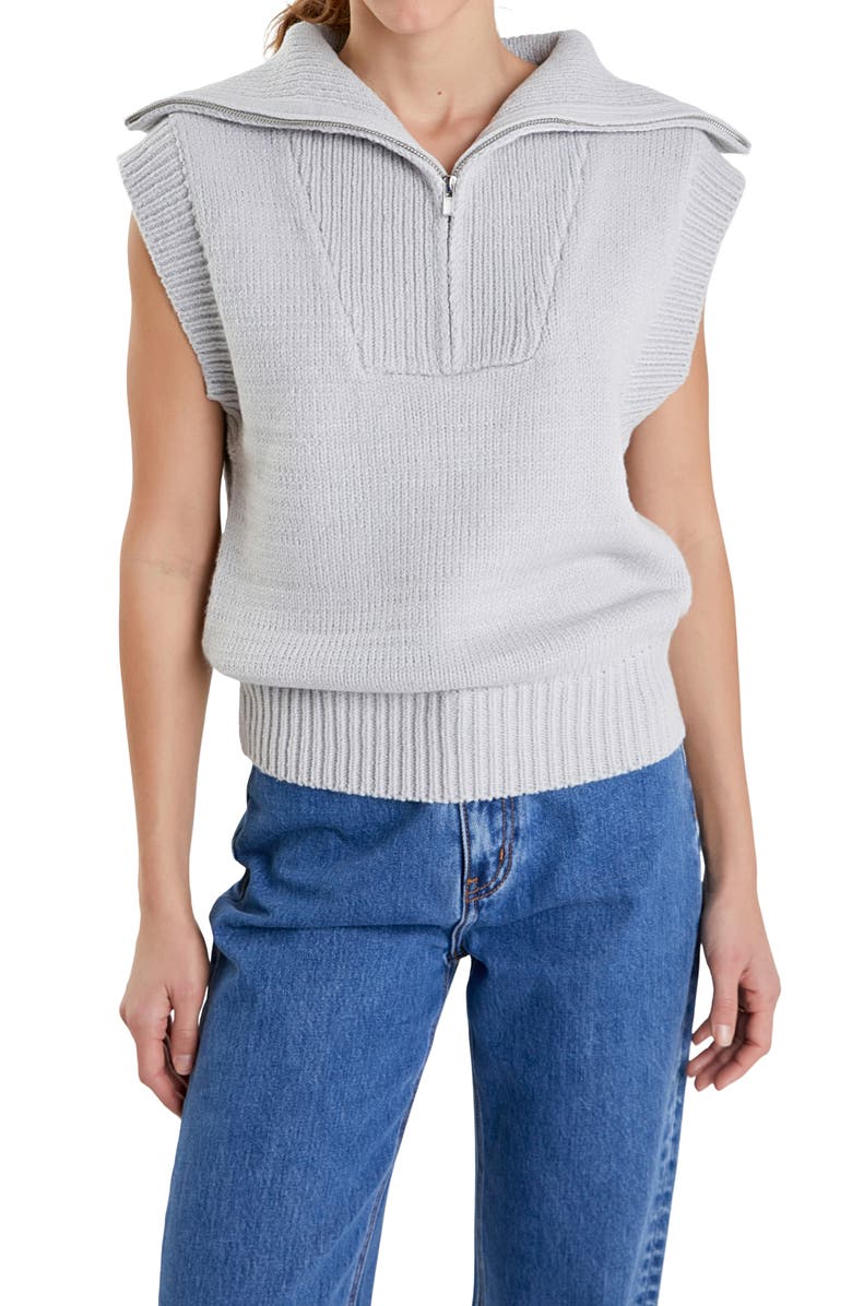 English Factory Zip Mock Neck Cap Sleeve Sweater, Alternate, color, Grey