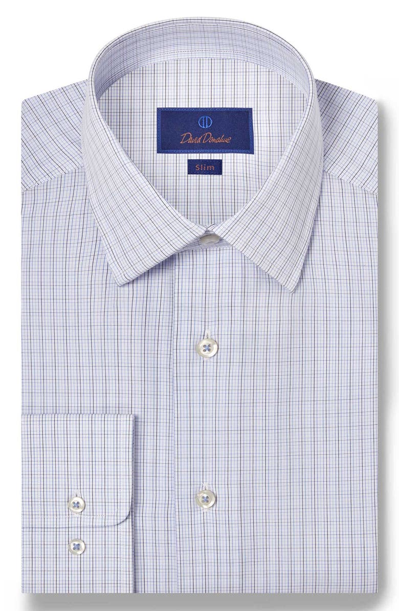 David Donahue Slim Fit Tattersall Check Cotton Dress Shirt, Main, color, White/ Blue