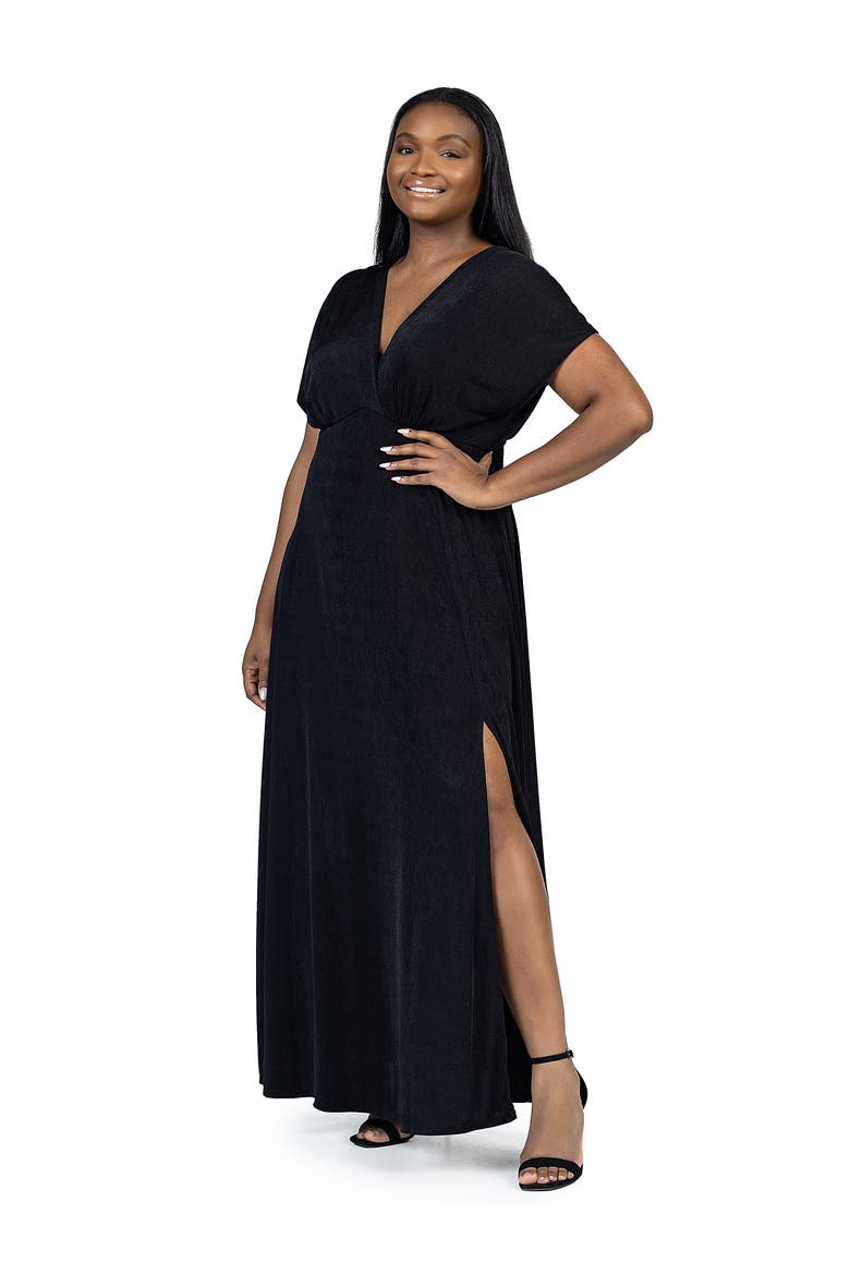 Plus Size  Flutter Sleeve Metallic Knit Maxi Dress Front Slit Empire Waist, Alternate, color, Black