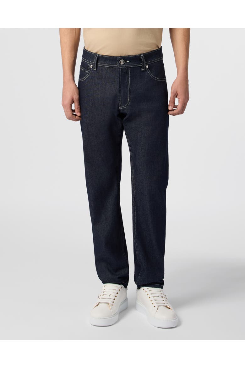 Super Straight Cut Jeans Leather Details Men, Main, color, navy