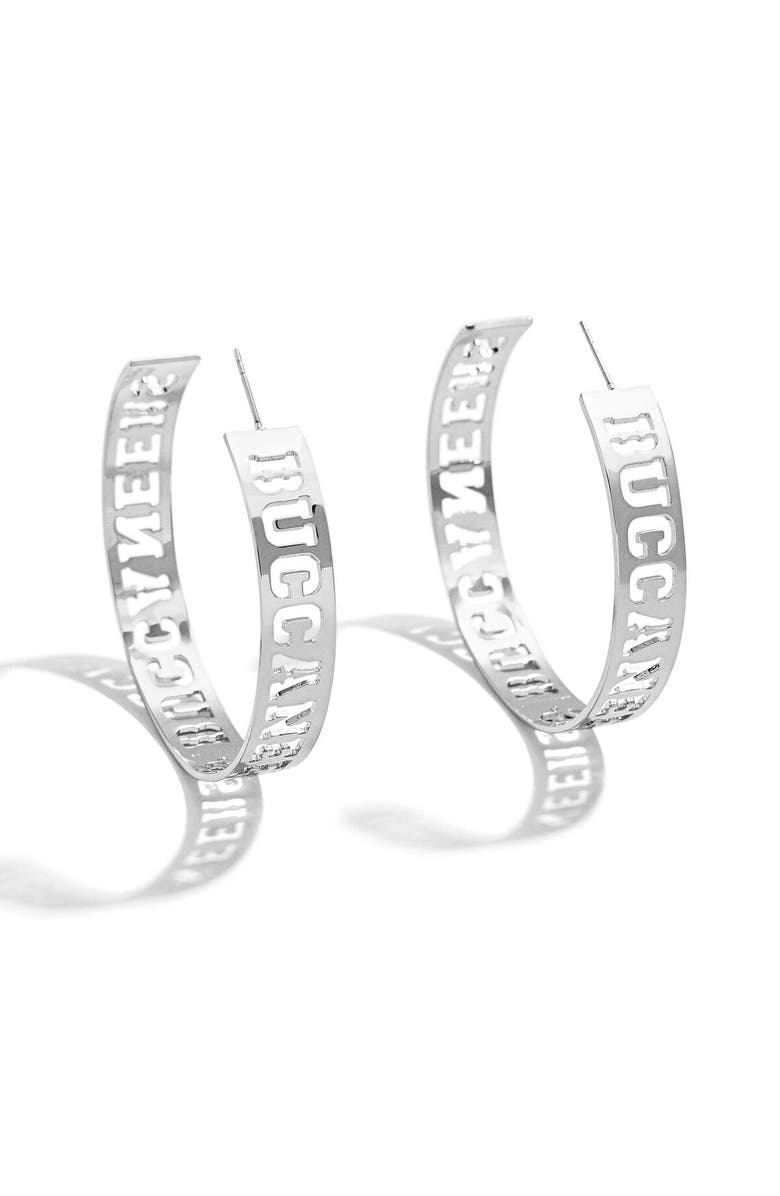 WEAR by Erin Andrews x Baublebar Silver Tampa Bay Buccaneers Large Cutout Hoop Earrings, Main, color, 