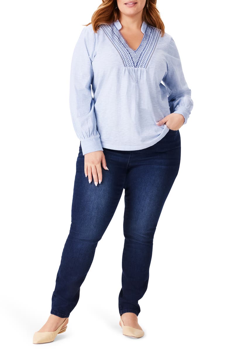 NIC+ZOE Blueline Embroidered Cotton Peasant Top, Alternate, color, 