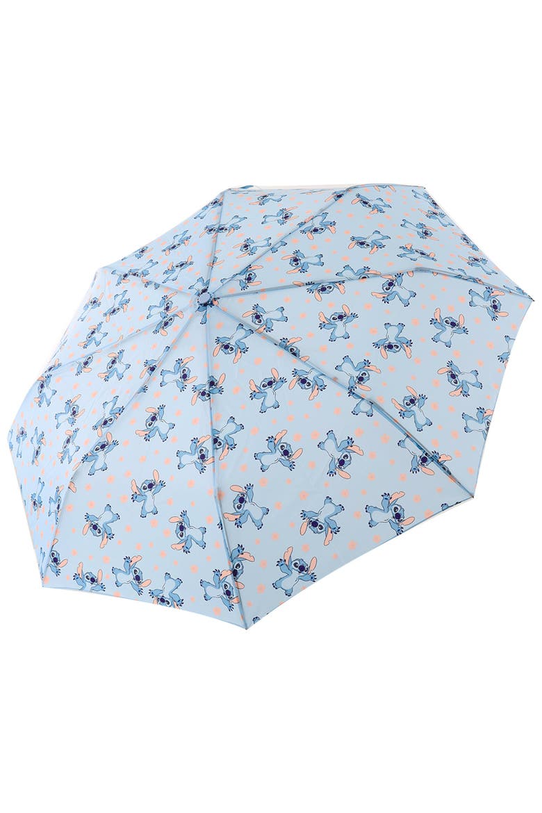 Stitch Hands Up Floral Print Compact Umbrella Officially Licensed, Alternate, color, BLUE