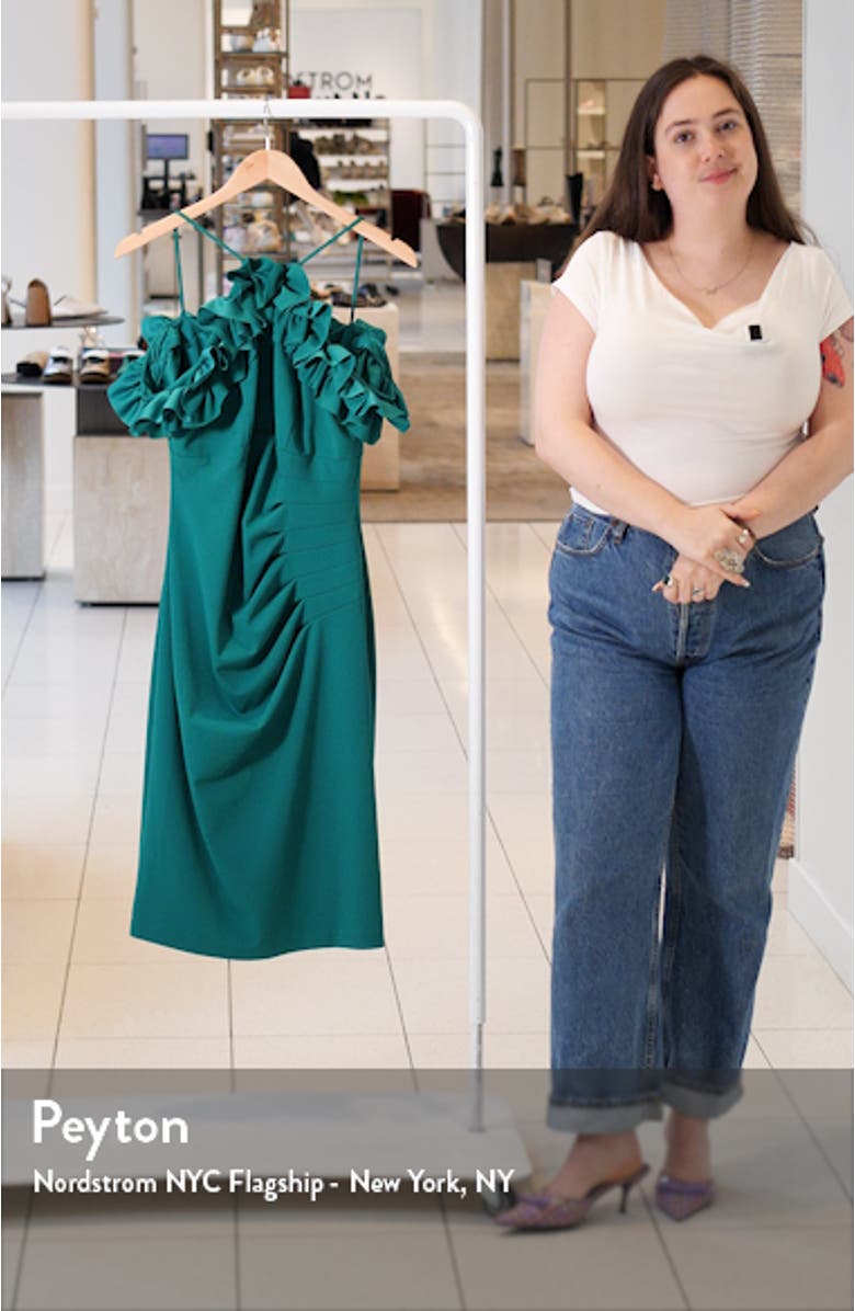 Ruffle Off the Shoulder Scuba Crepe Sheath Dress, sales video thumbnail