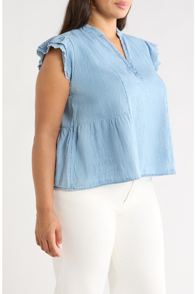Ruffle Eyelet Chambray Popover Top, Alternate, color, LIGHT WASH
