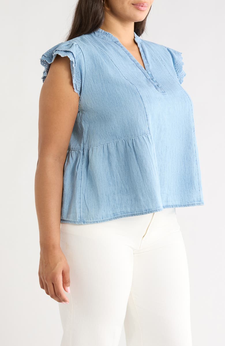 Caslon<sup>®</sup> Ruffle Eyelet Chambray Popover Top, Alternate, color, Light Wash