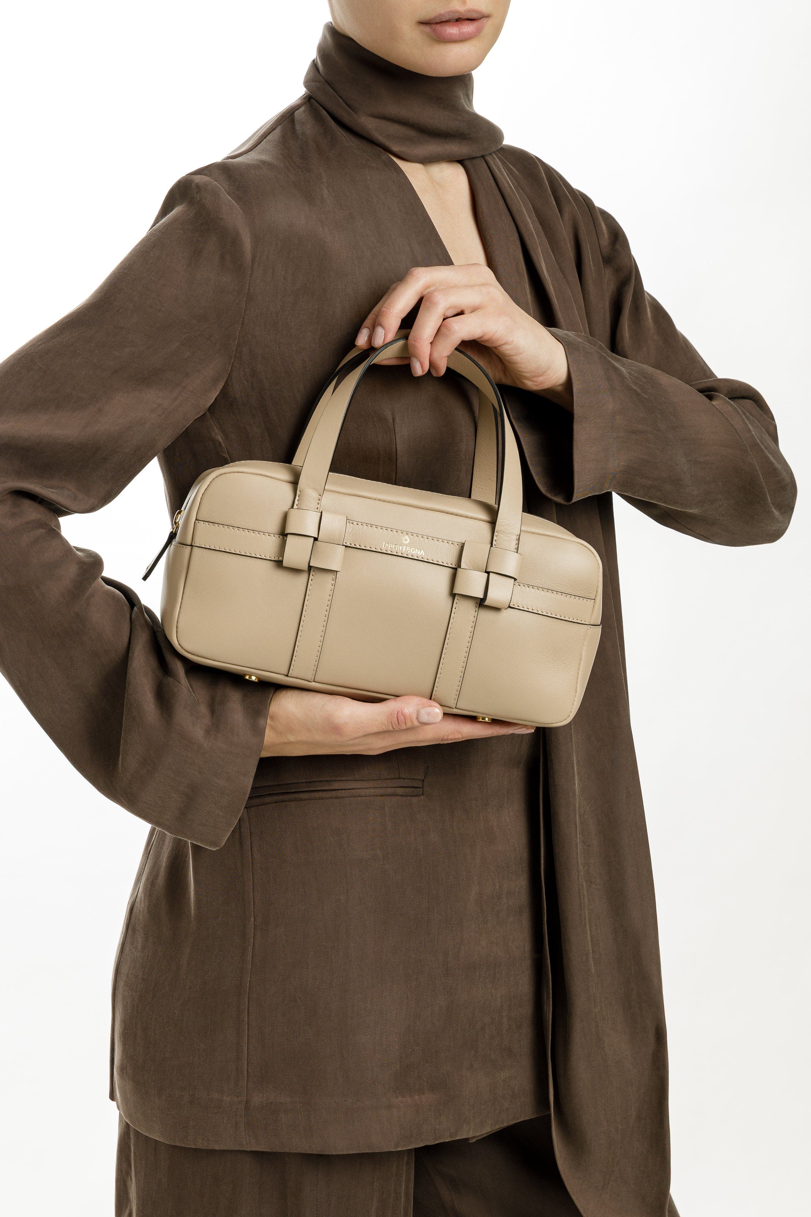 Bibi Leather Bag With Shoulder Strap And Iconic Knots, Alternate, color, Taupe
