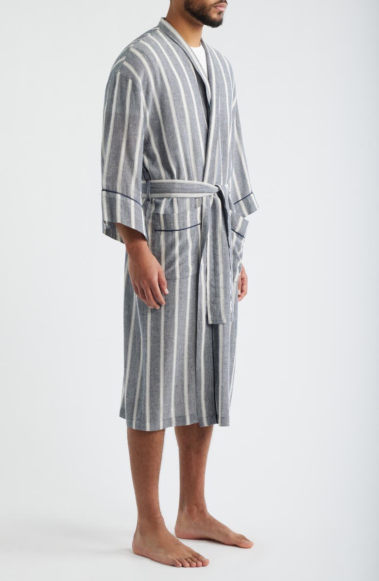 Majestic International Textured Retreat Stripe Shawl Collar Woven Cotton Robe, Alternate, color, Navy/ Beige