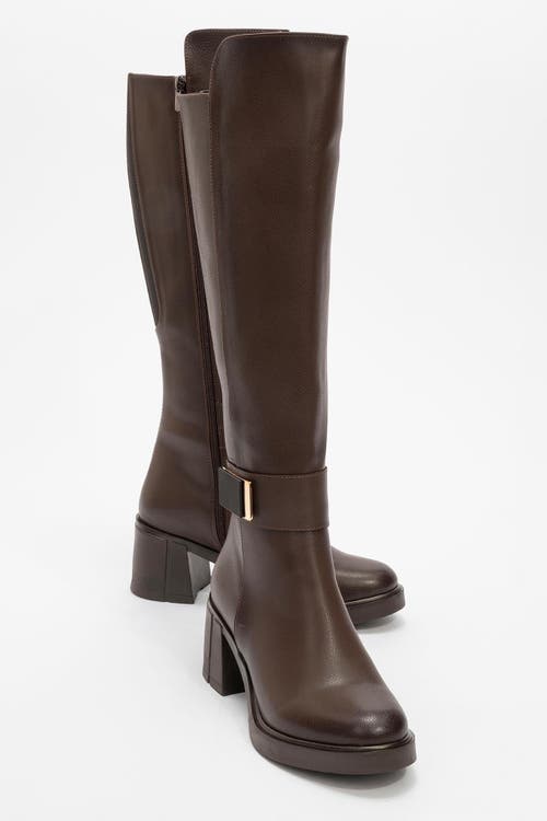 Prologue Shoes Moreni Stretch Buckle Block Heel Knee High Boot In Brown