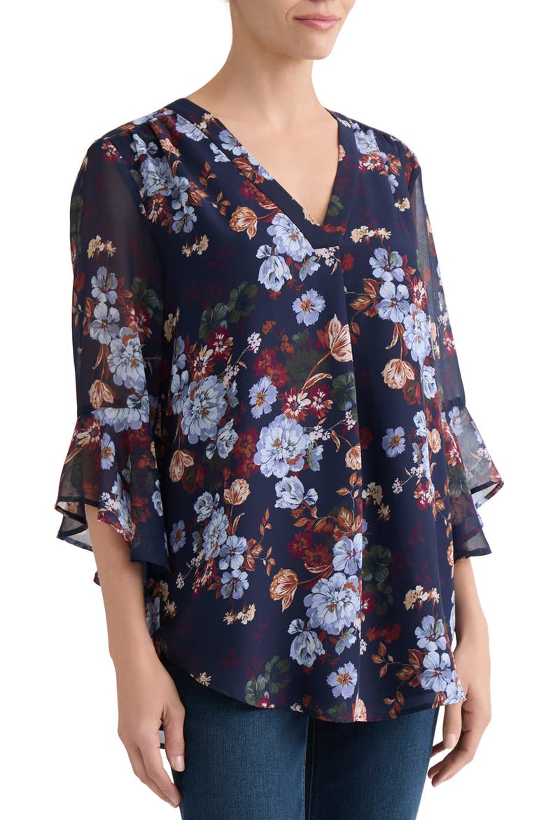 Petite Floral Flutter Sleeve Top, Alternate, color, PACIFIC NAVY MULTI