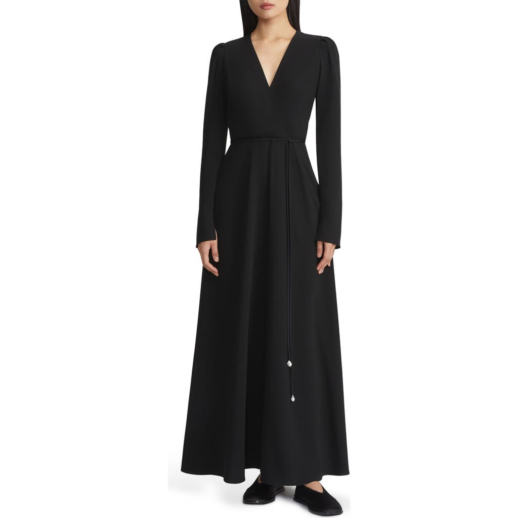 Lafayette 148 New York Long Sleeve Baroque Pearl Tie Waist Faux Wrap Crepe Maxi Dress in Black