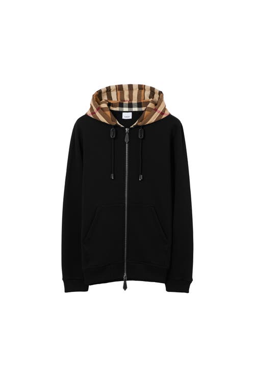 Burberry Soft Cotton Hooded Sweater With Check-pattern Finish In Black