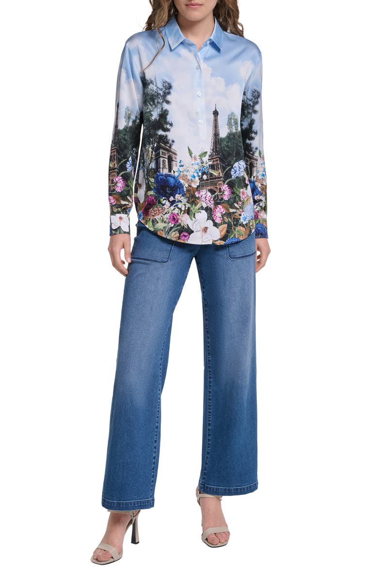 Eiffel Tower Button-Up Top, Alternate, color, STEEL BLUE MULTI