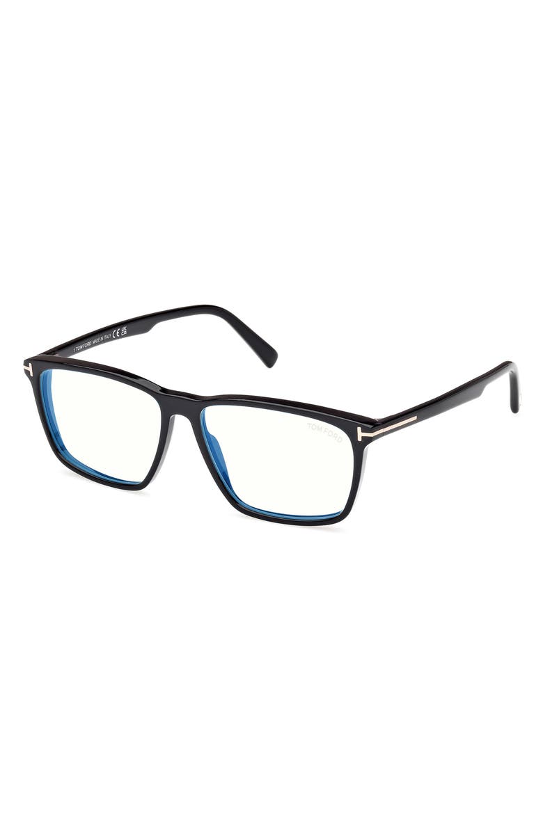 TOM FORD 56mm Square Blue Light Blocking Glasses, Alternate, color, Black Eco / T Logo