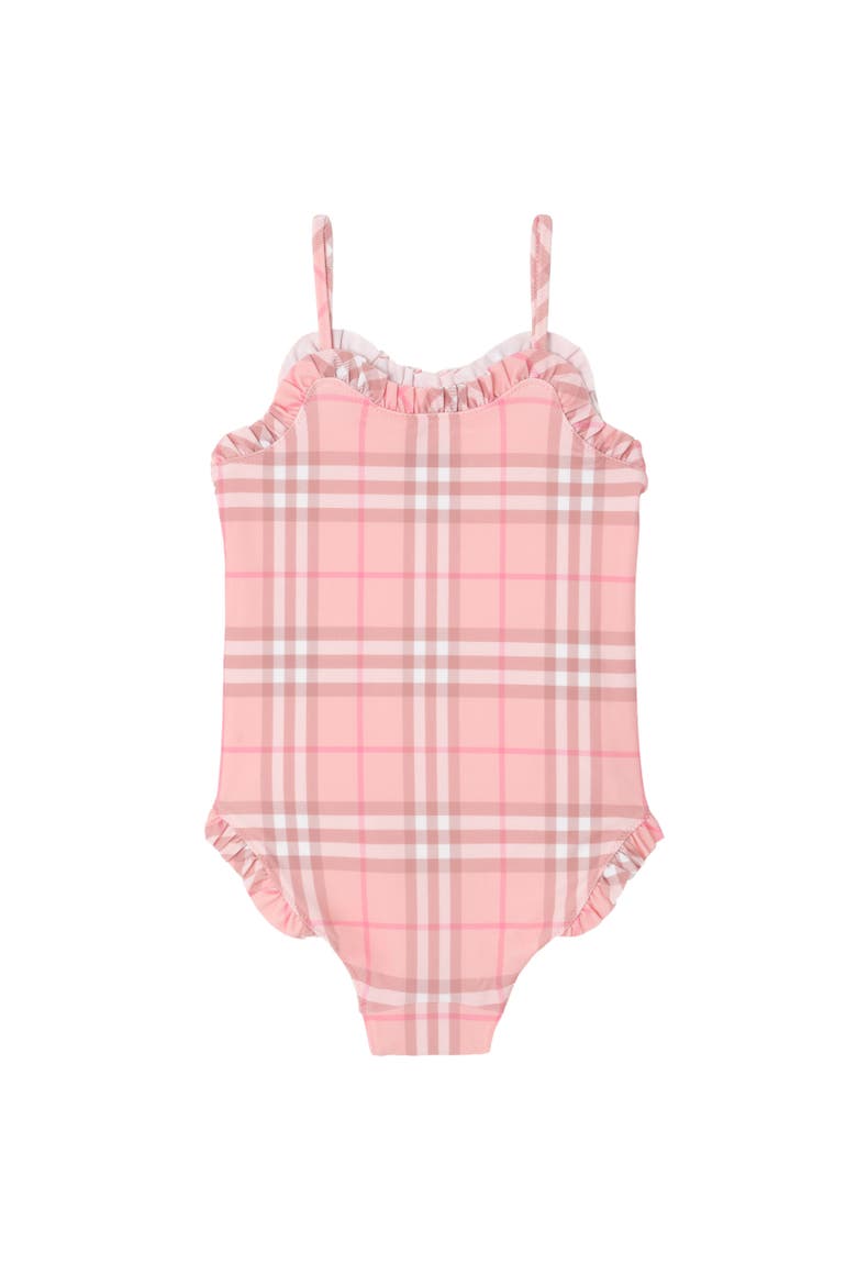 Girls' Ruffle Trim Check Swimsuit, Alternate, color, Peony pink