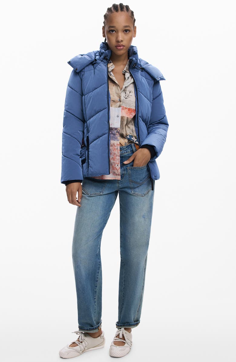 Desigual Quilted Puffer Coat with Removable Hood, Alternate, color, Light Blue