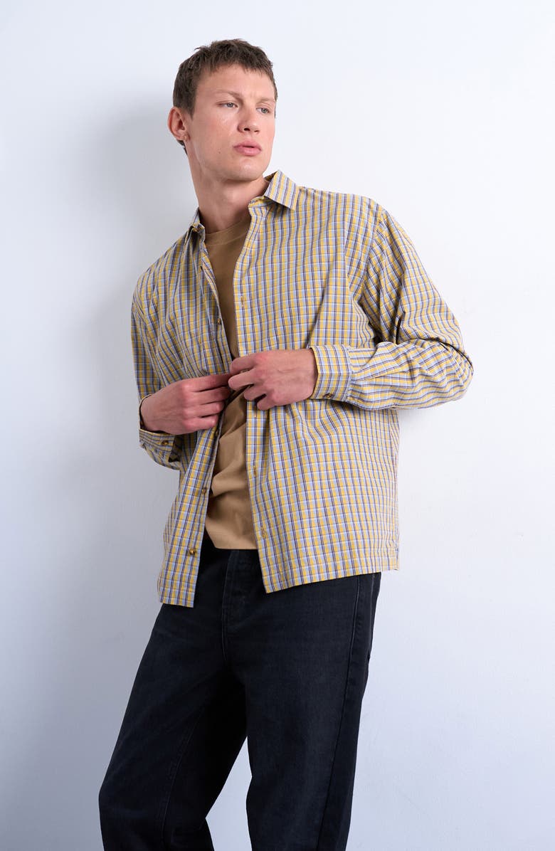 Topman Cotton Poplin Button-Up Shirt, Alternate, color, Mustard Multi