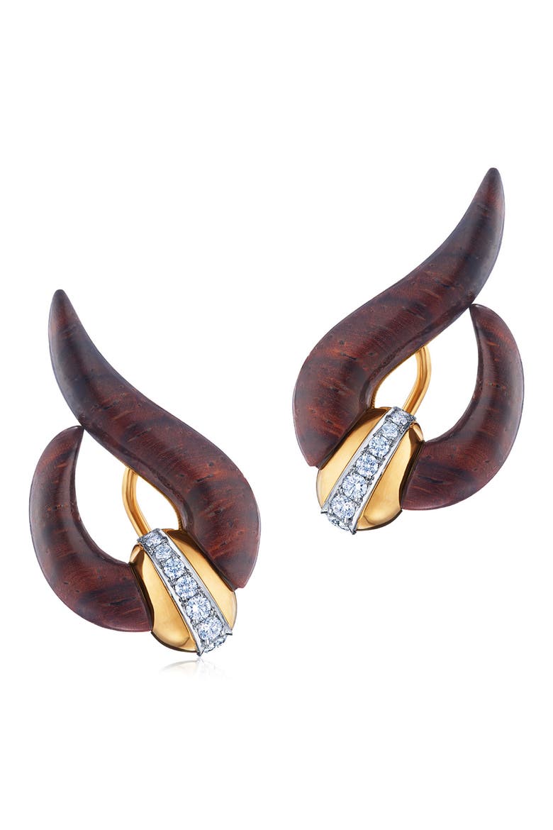 Carved Cocobolo Wood & Diamond Loop Earrings, Main, color, YELLOW GOLD
