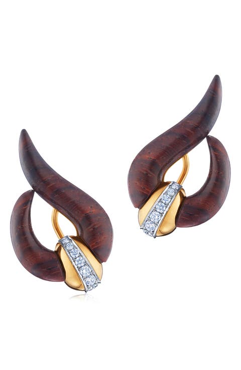 Carved Cocobolo Wood & Diamond Loop Earrings