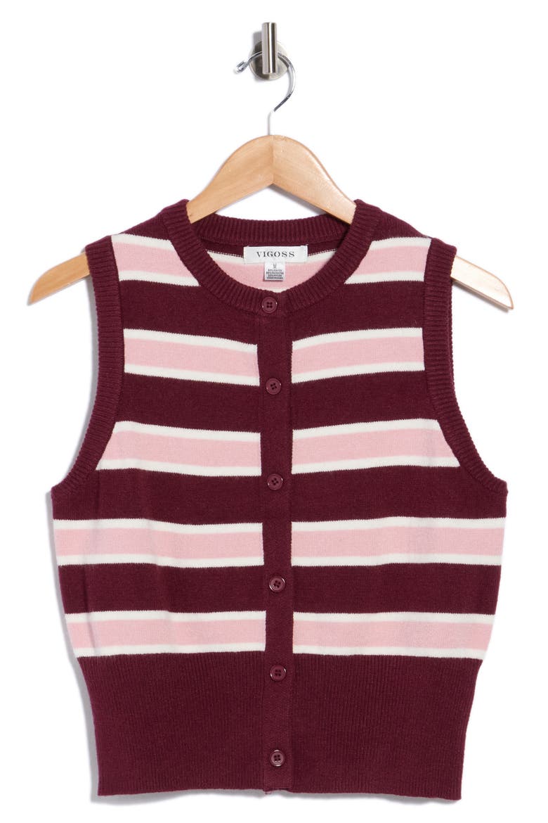Striped Button Cardigan Vest, Alternate, color, DARK CHERRY COMBO