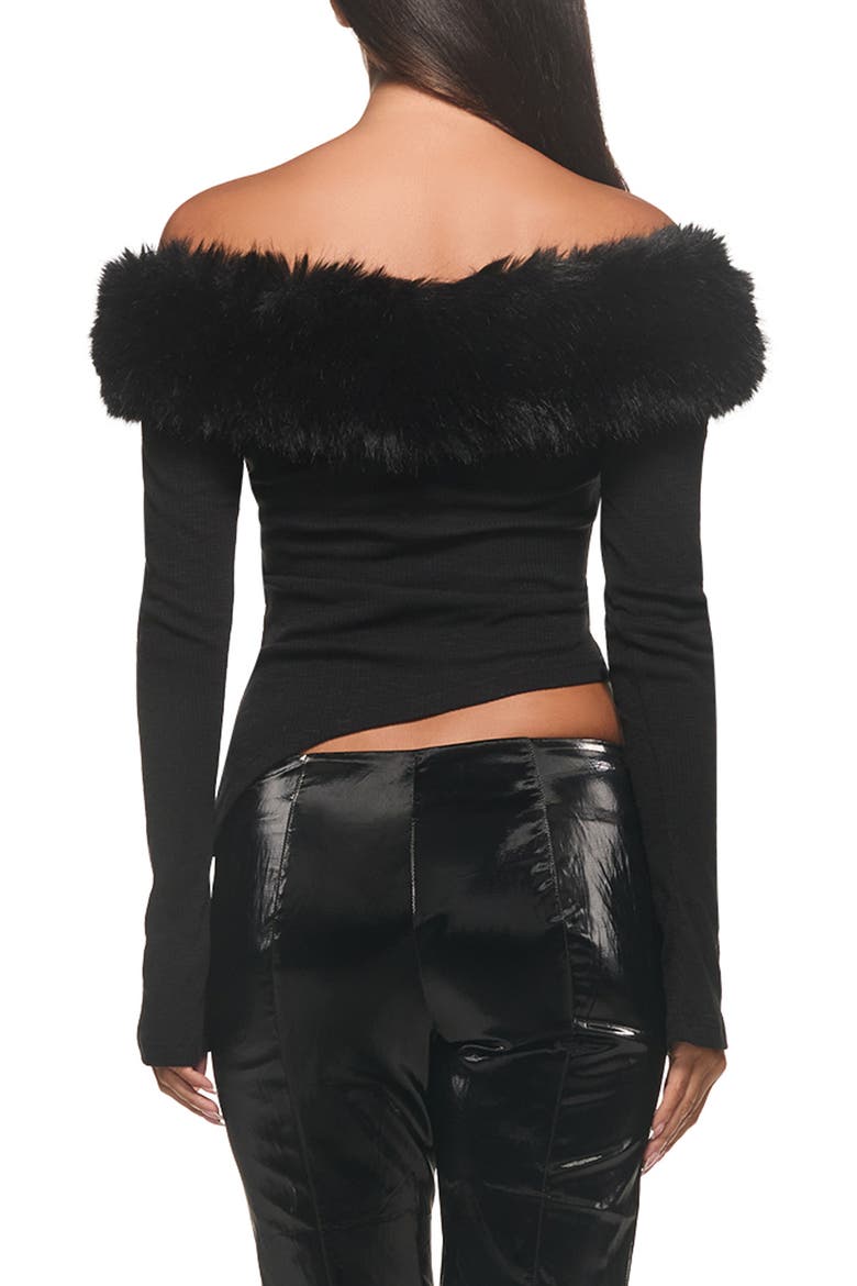 Cecily Off the Shoulder Rib Top with Faux Fur Collar, Alternate, color, BLACK