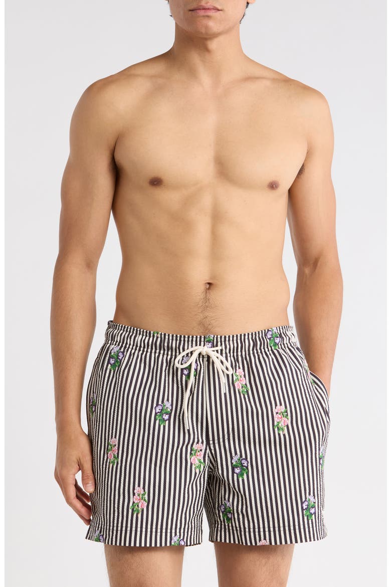 Bouquet Embroidered Stripe Swim Trunks, Main, color, BLACK/ WHITE