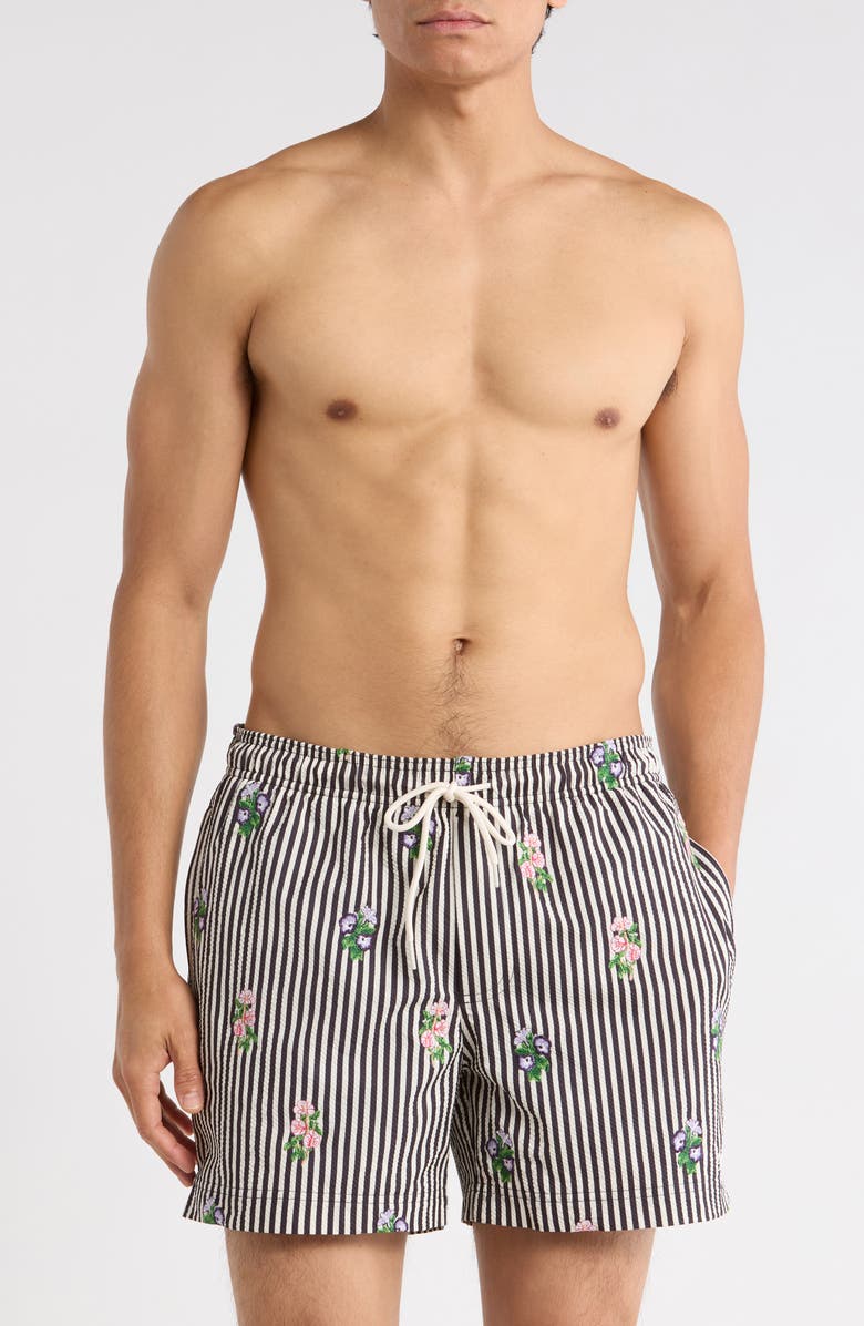 PacSun Bouquet Embroidered Stripe Swim Trunks, Main, color, Black/ White