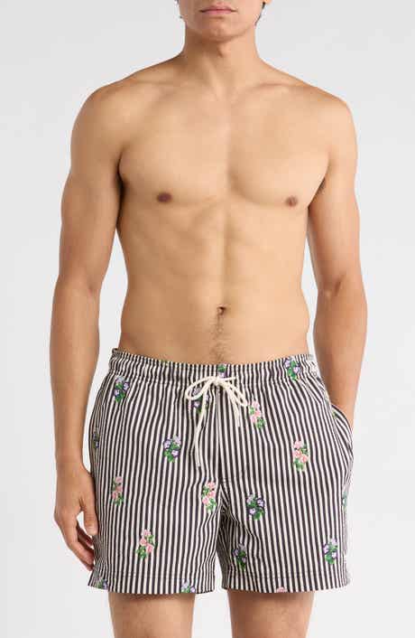 Bouquet Embroidered Stripe Swim Trunks