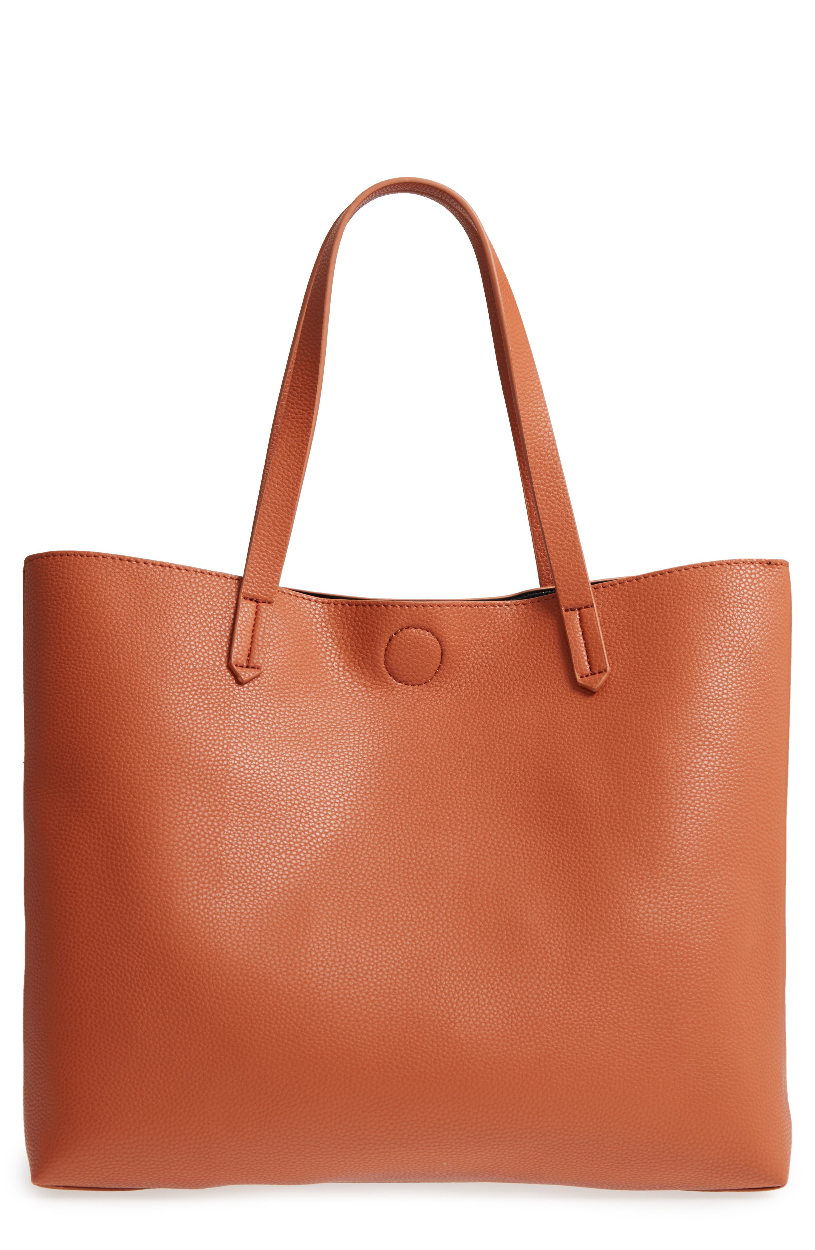 Contrast Lining Faux Leather Tote, Main, color, COGNAC