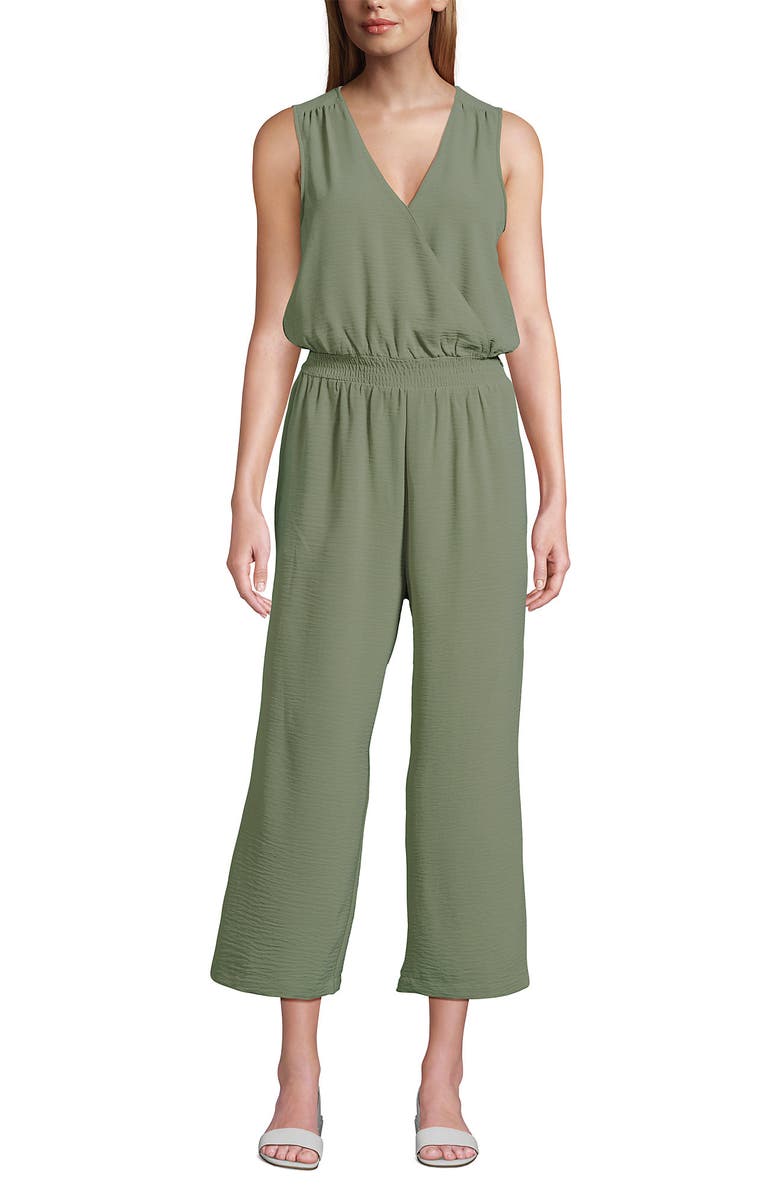 Lands' End Sleeveless Creaseless Wrap Jumpsuit with Smocked Waist, Alternate, color, Sage