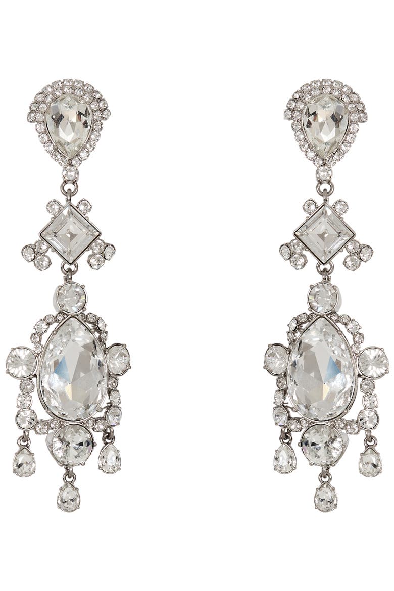 Brass and crystal pendant earrings, Main, color, silver