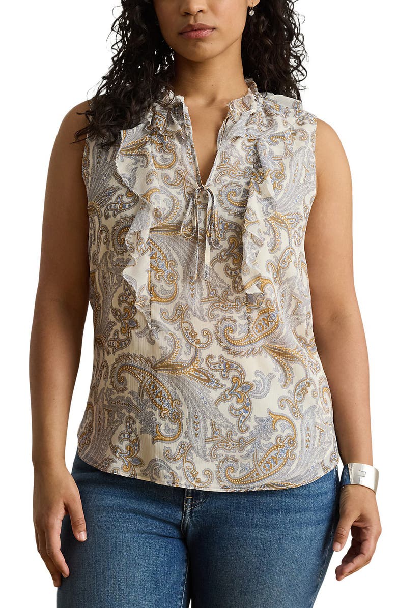 Lauren Ralph Lauren Ruffle Crinkle Top, Alternate, color, Cream/ Multi