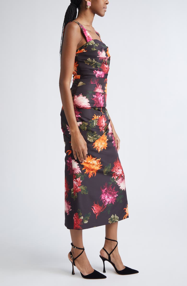 Carolina Herrera Chrysanthemum Print Pleated Faille Midi Dress, Alternate, color, Black Multi